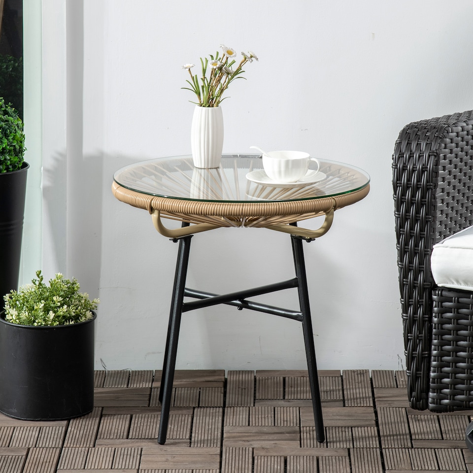 image 1 of Outsunny Rattan Side Table w/ Tempered Glass Tabletop, Beige