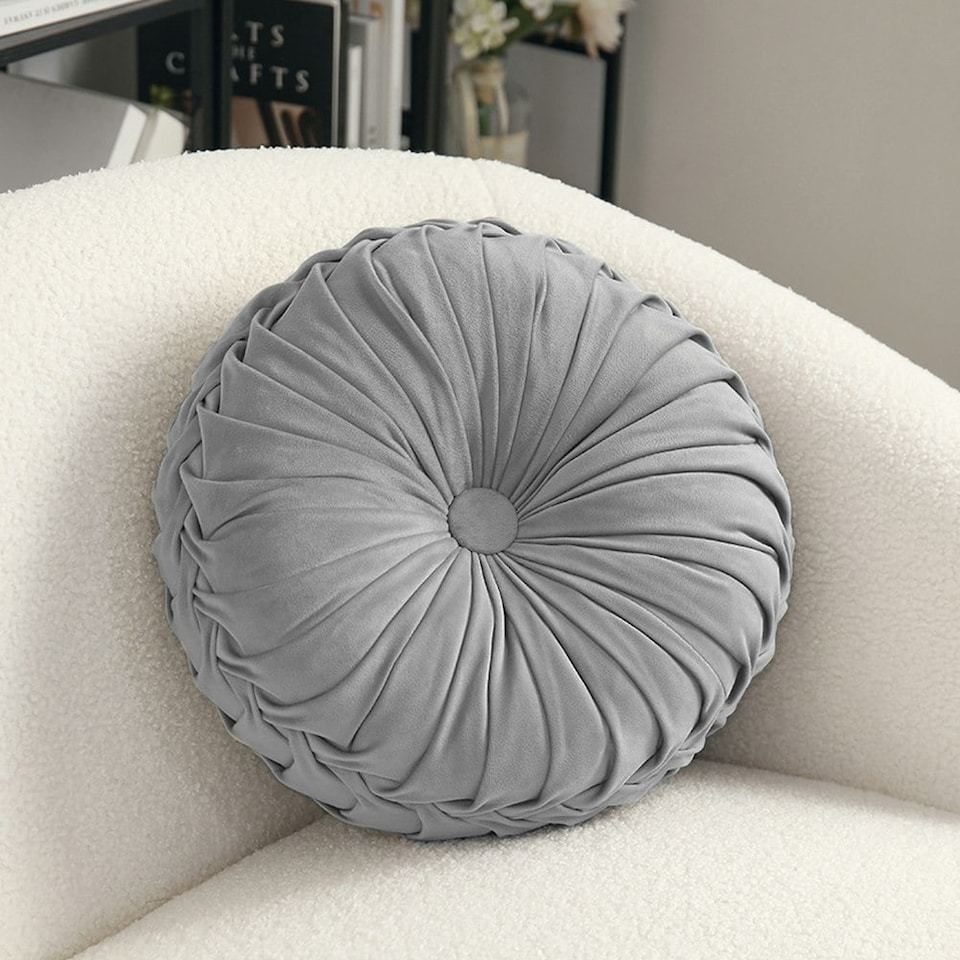 image 1 of Living and Home Round Pleated Pumpkin Velvet Cushion, Grey, 35cm