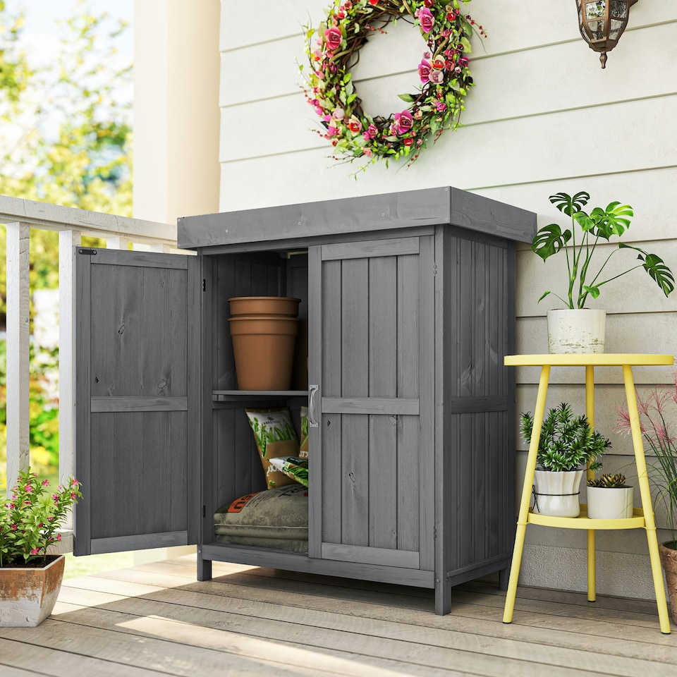 image 1 of Outsunny Wooden Garden Shed Double Door Tool Storage House, 74x43x88cm, Grey