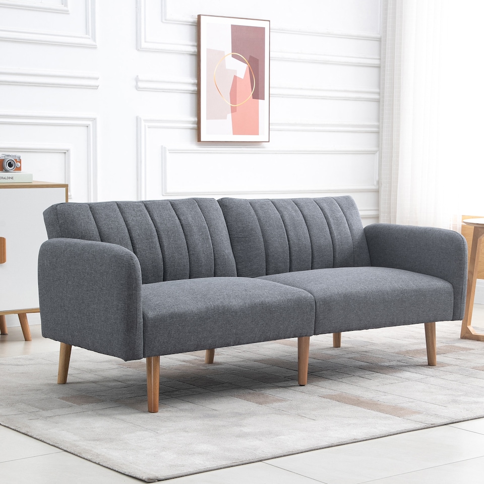 image 1 of HOMCOM 3 Seater Sofa Bed, Convertible Linen Fabric Sofa Couch, Click Clack Sofabed with Adjustable Split Backrest for Living Room, Bedroom, Guest Room, Grey