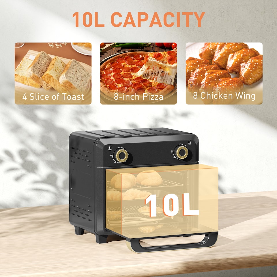 image 1 of HOMCOM 10L Air Fryer Oven, Electric Oven, Grill, Roast, Bake, 1000W, Black