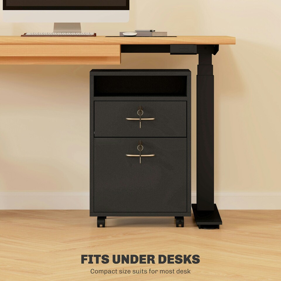 image 1 of HOMCOM 60cm Filing Cabinet with Drawers and Open Shelf, Black