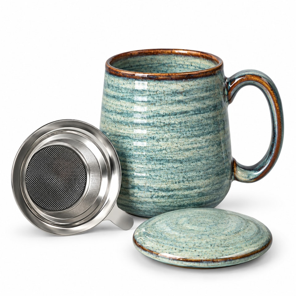 image 1 of Skandi Home 600ml Sea Green Reactive Glaze Ceramic Aska Infuser Mug with Lid