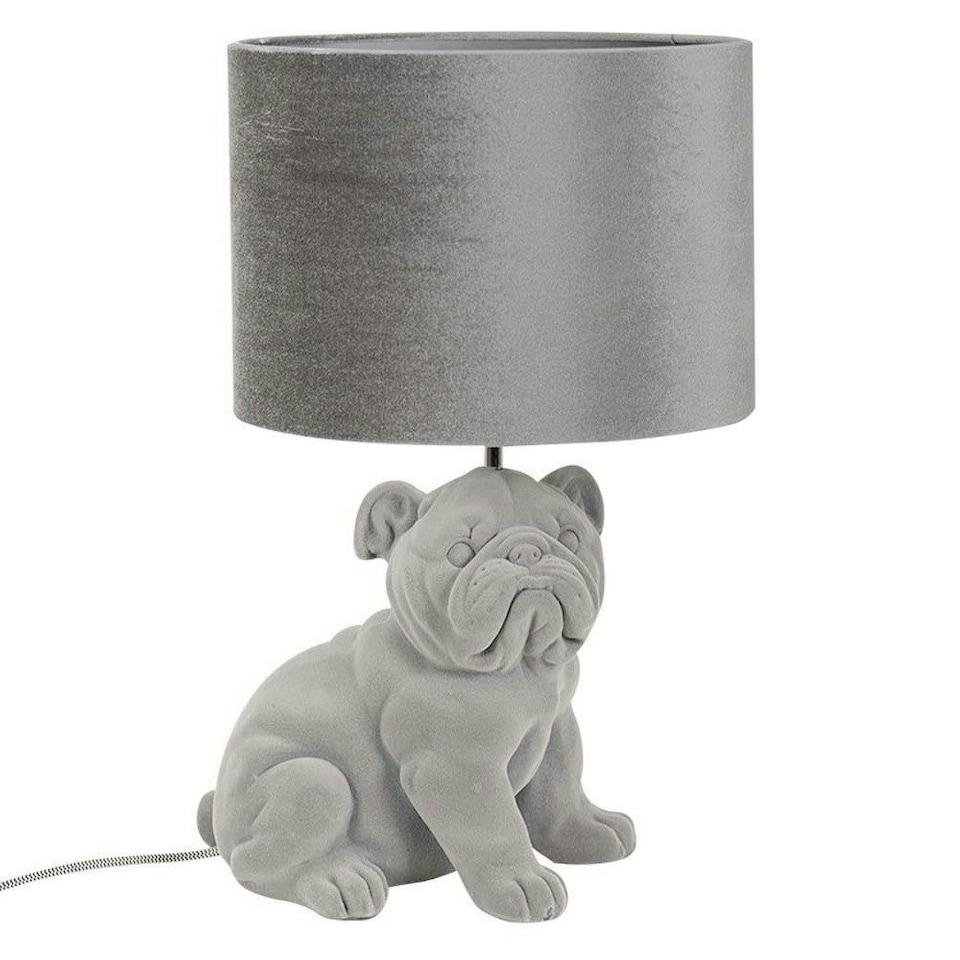 image 1 of ValueLights Kaia Grey Velvet Bulldog Bedside Table Lamp with a Drum Lampshade Animal Light - Bulb Included