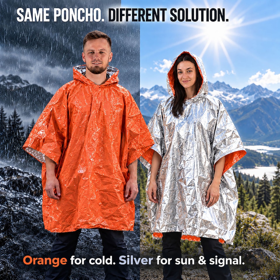 image 1 of aZengear Emergency Survival Poncho (4pc) Thermal Mylar Foil Coating Blanket for Heat Retention, Rain, Waterproof Outdoor Kit