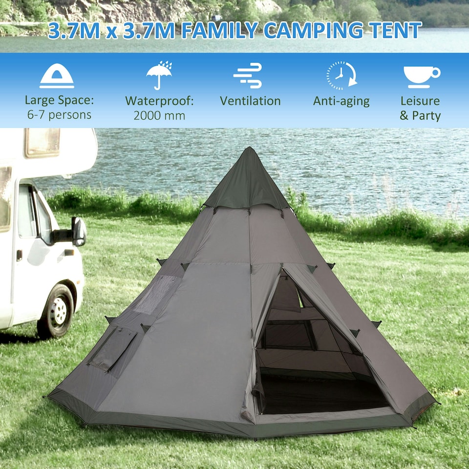 image 1 of Outsunny 6-7 Person Large Family Party Camping Tent W/ Carrying Bag, Blue