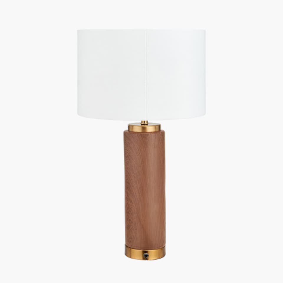 image 1 of Cylinder Wood Effect Ceramic Tall Table Lamp with Shade | Brown | Brown | 1
