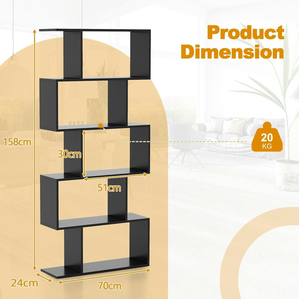 image 1 of COSTWAY 5-tier Bookcase S-Shaped Bookshelf Display Rack Black Black
