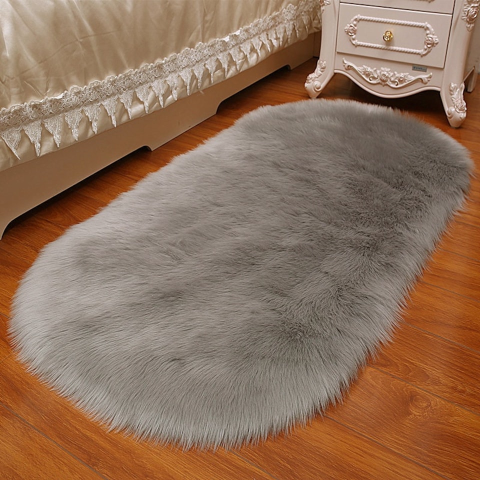 image 1 of Living and Home Oval  Soft Shaggy Area Rug, Grey, 180cm L x 100cm W