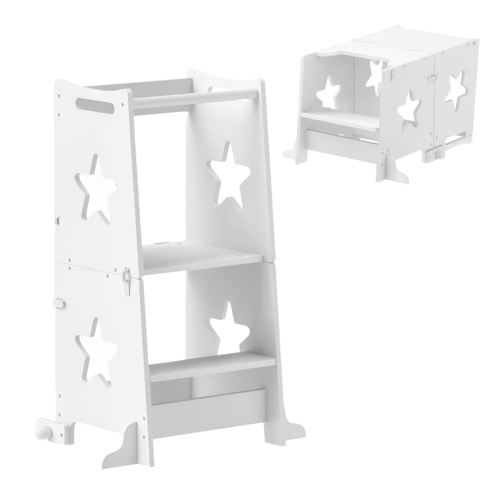 image 1 of AIYAPLAY 2-in-1 Toddler Step Stool with Safety Rail for Kitchen, White 