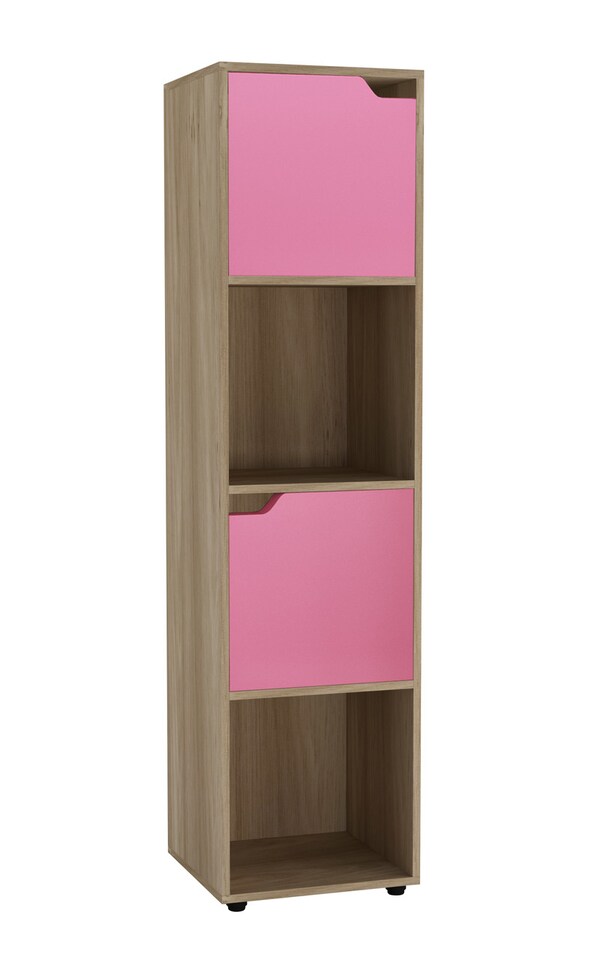 image 1 of 4 -Cube Tall Shelving Unit With Wooden Doors | Brown | Oak & Pink | 1
