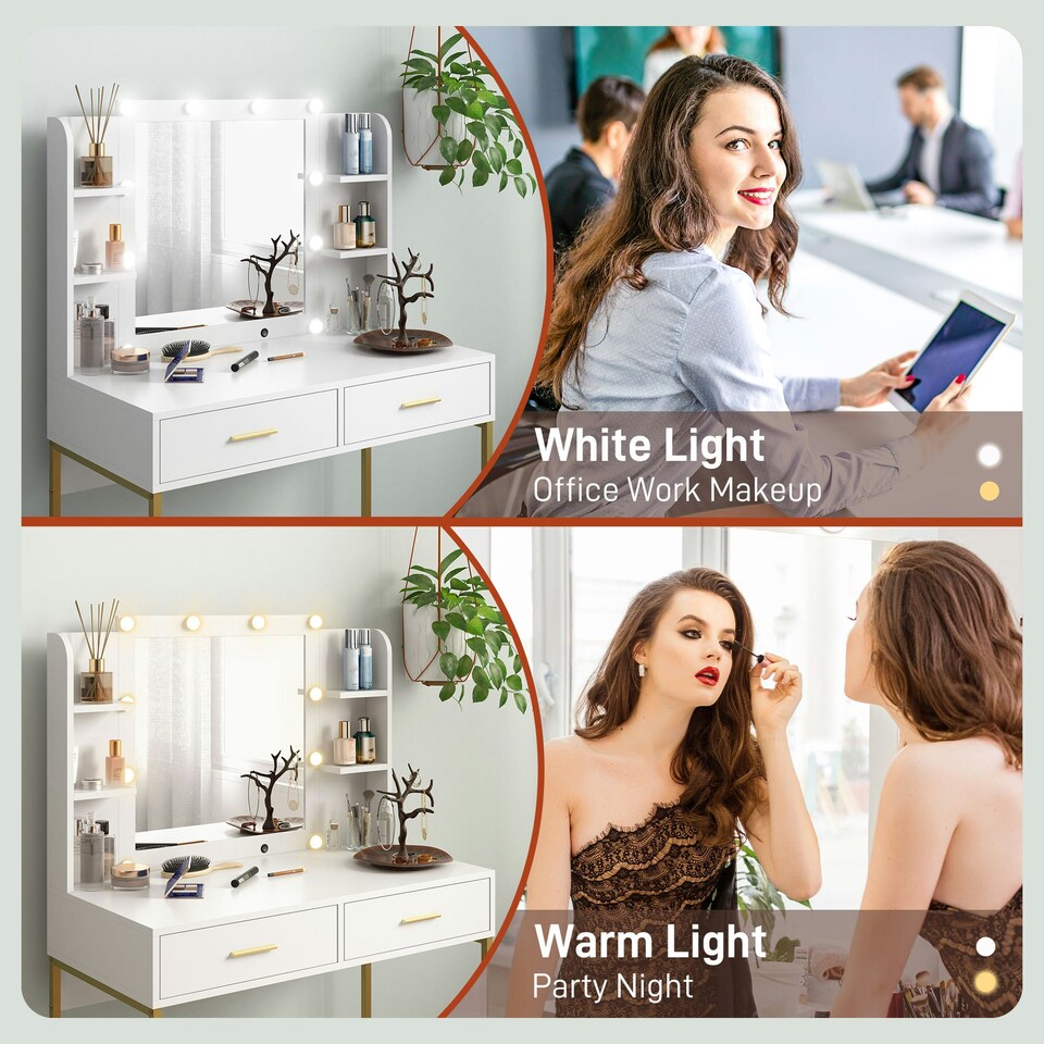 image 1 of HOMCOM Makeup Vanity Desk Set with Lighted Mirror, Stool, White