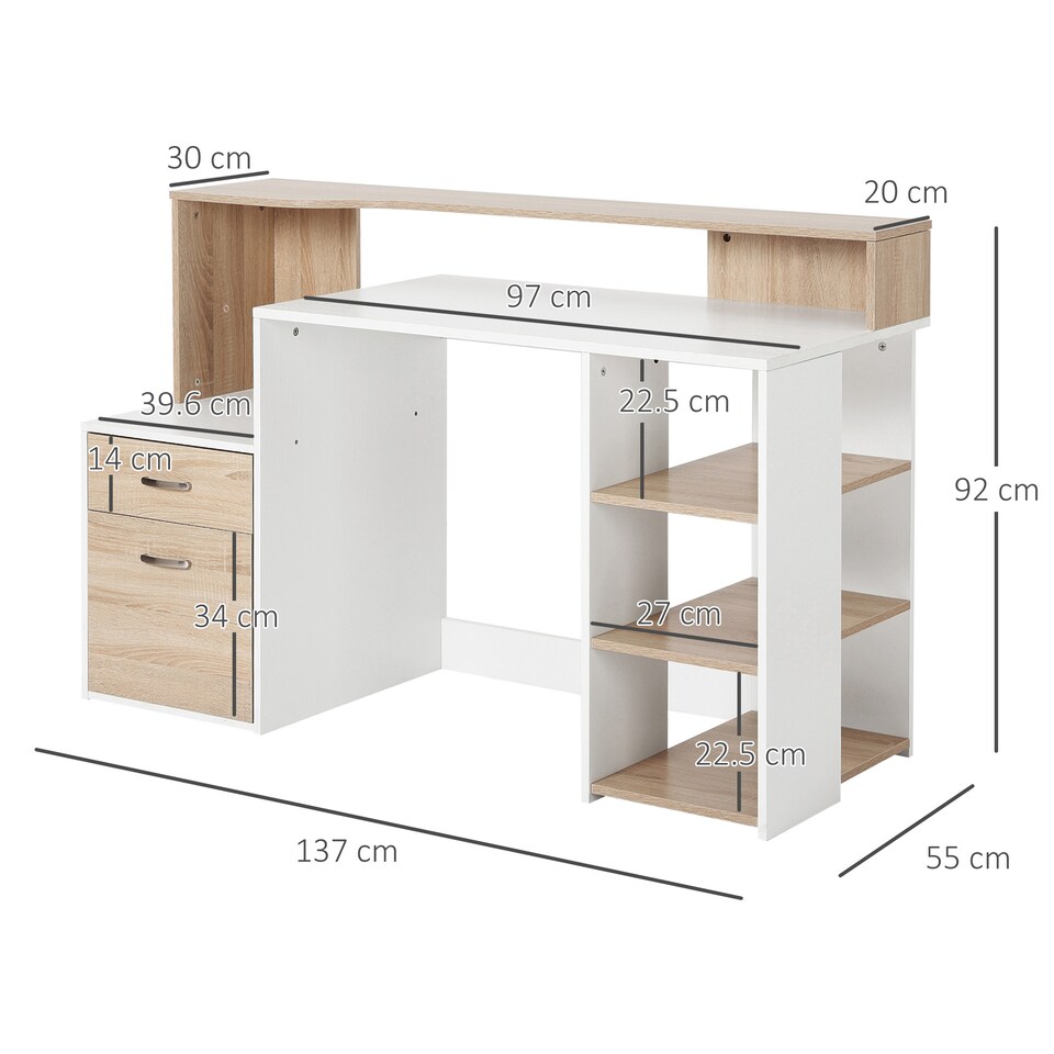 image 1 of HOMCOM Computer Desk with Drawers and Storage Shelves, Office Desk Writing Table with Printer Stand, Large Workstation for Study Play Work Home Office, 137 x 55 x 92cm, Oak
