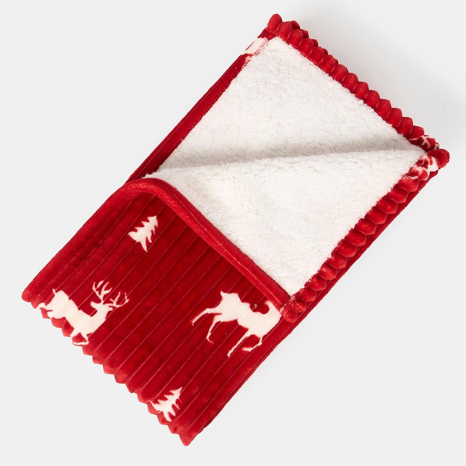 image 1 of OHS Christmas Stag Ribbed Sherpa Fleece Reverse Soft Warm Blanket Throw, Red - 125x160cm