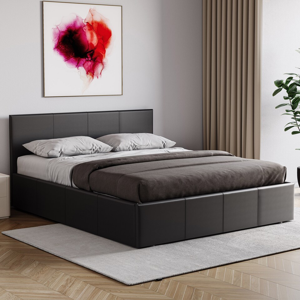 image 1 of Vida Designs Lisbon 5ft King Size Ottoman Bed Storage Faux Leather, Black, 150 x 200cm