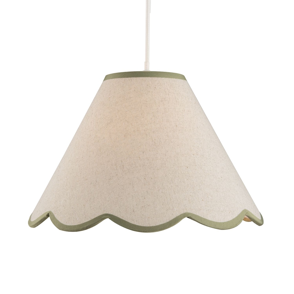 image 1 of Scallop Edge Natural Textured Linen Coolie Lamp Shade with Olive Trims | Green | Olive Green | 1