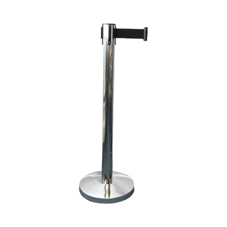Silver Retractable Barrier Post with 2m Black Belt and Base