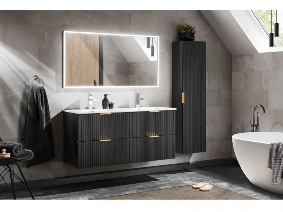 image 1 of Bathroom Wall Cabinet Tall Slim Storage Unit Ribbed Textured Black 1 Door Floating Furniture - Adel