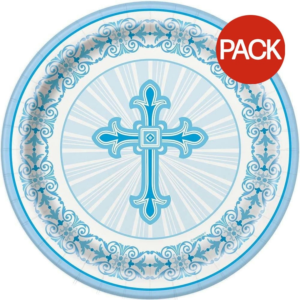 Unique Party Radiant Cross Communion Party Plates (Pack of 8) - Sky Blue/White - One Size