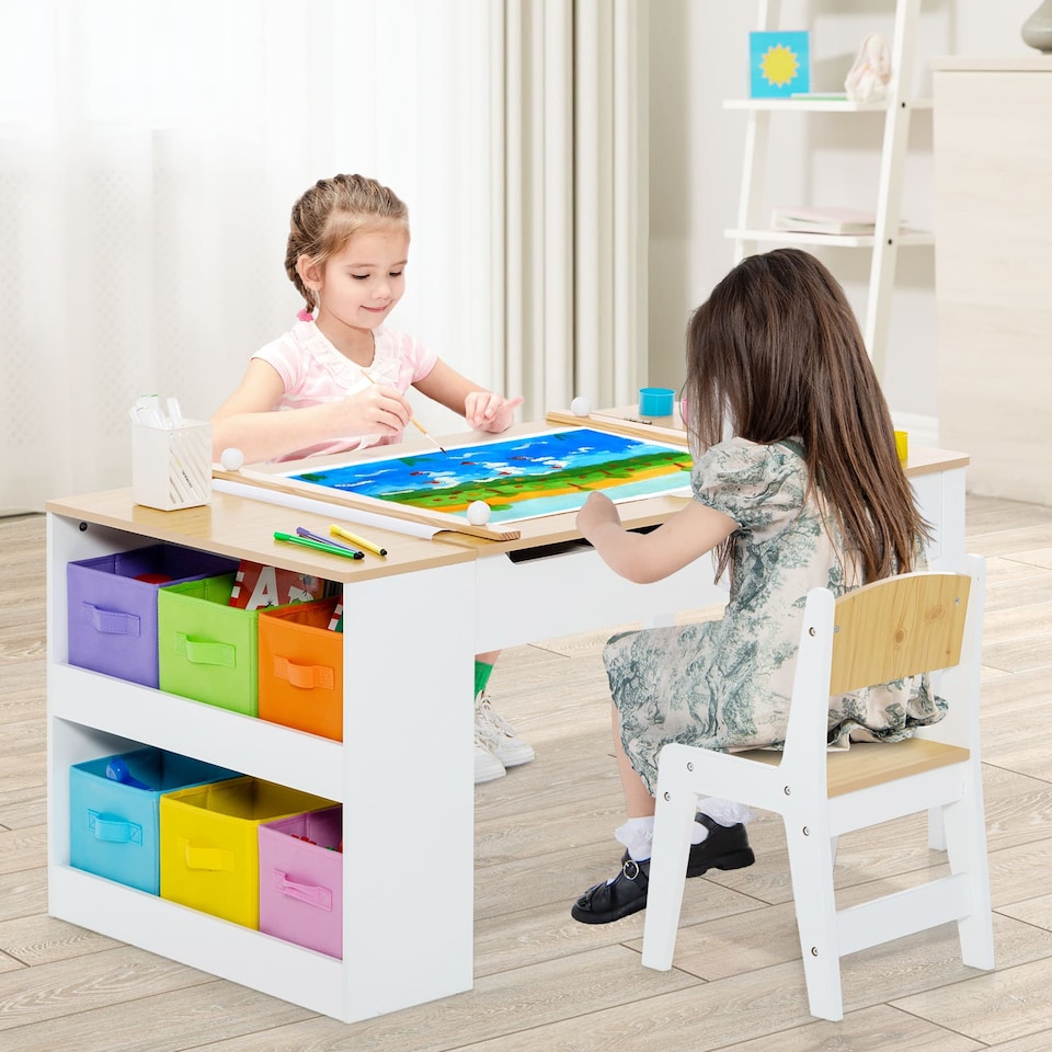 image 1 of COSTWAY 2-in-1 Kids Art Table Set with Chairs Yellow