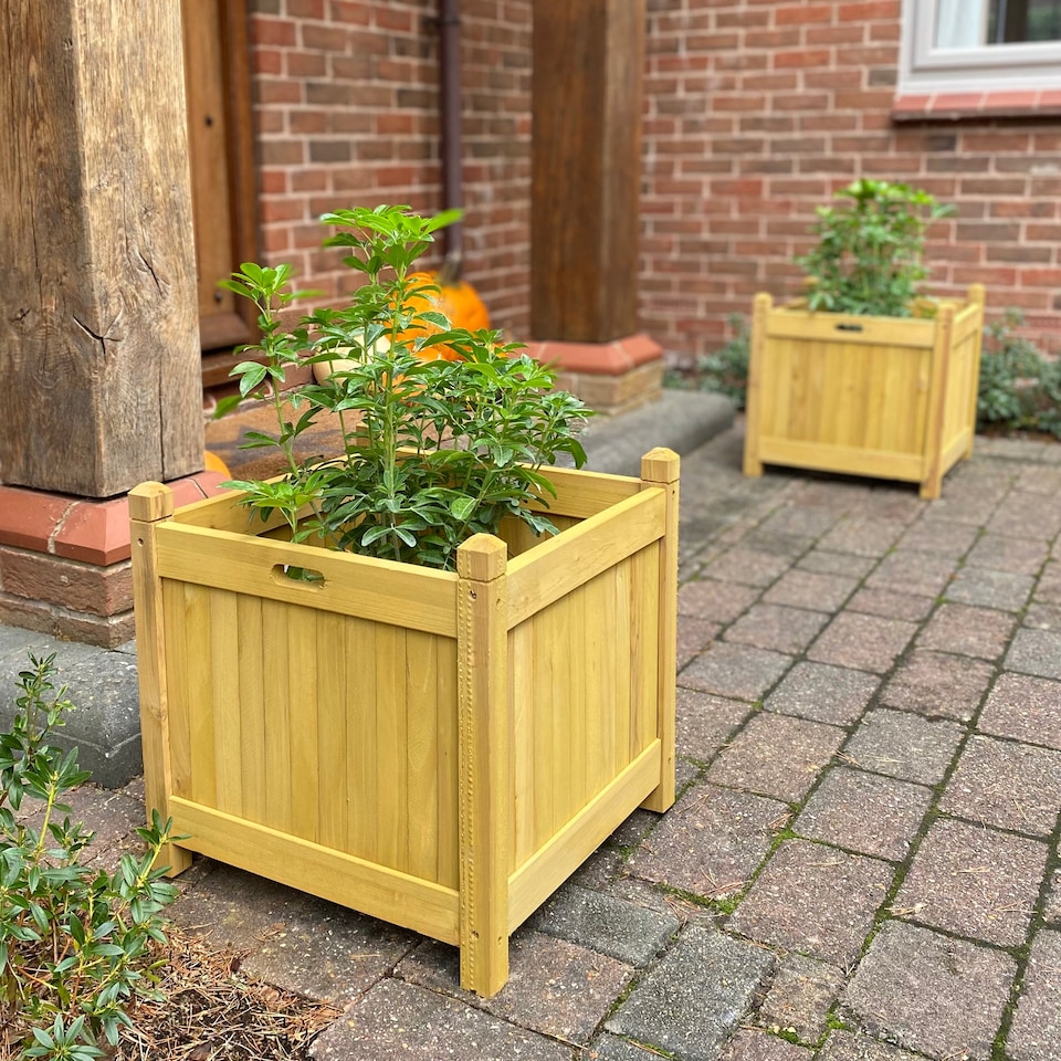 image 1 of Square Wooden Garden Planters in Tan - Pack of 2