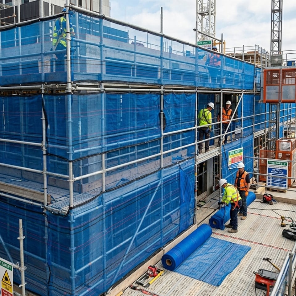image 1 of Pegdev Fire Retardant Debris Netting 2m Width Heavy Duty Flame Resistant Scaffold Sheeting Trade Sites 8m