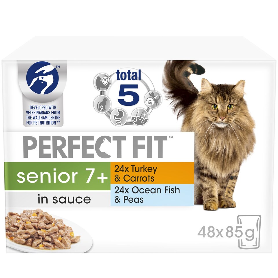 image 1 of 48 x 85g Perfect Fit Senior 7+ Wet Cat Food Pouches Mixed Flavours In Sauce