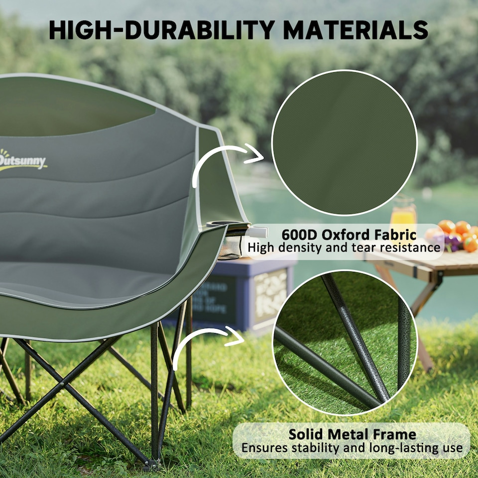 image 1 of Outsunny Double Camping Chair for Adults with Armrests, Cup Holders, Green Cream | Khaki