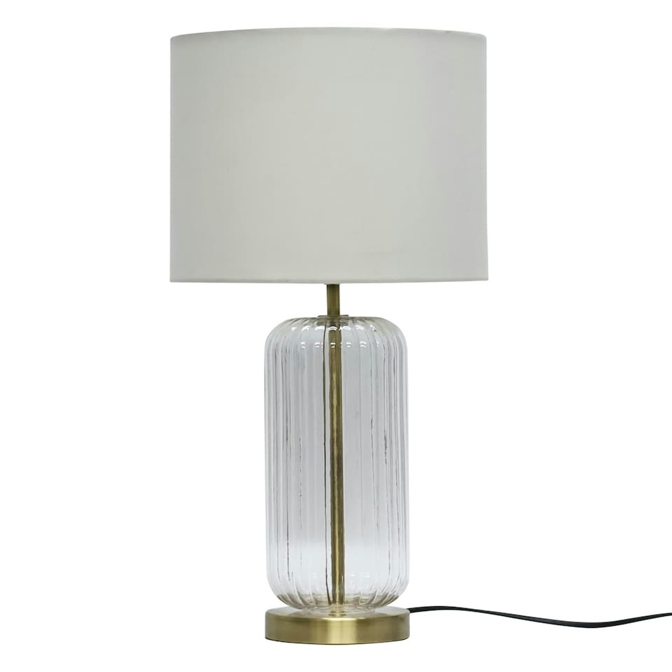 image 1 of First Choice Lighting Walpole Clear Fluted Glass and Antique Brass 49cm Table Lamp with Ivory Fabric Shade Bronze | White