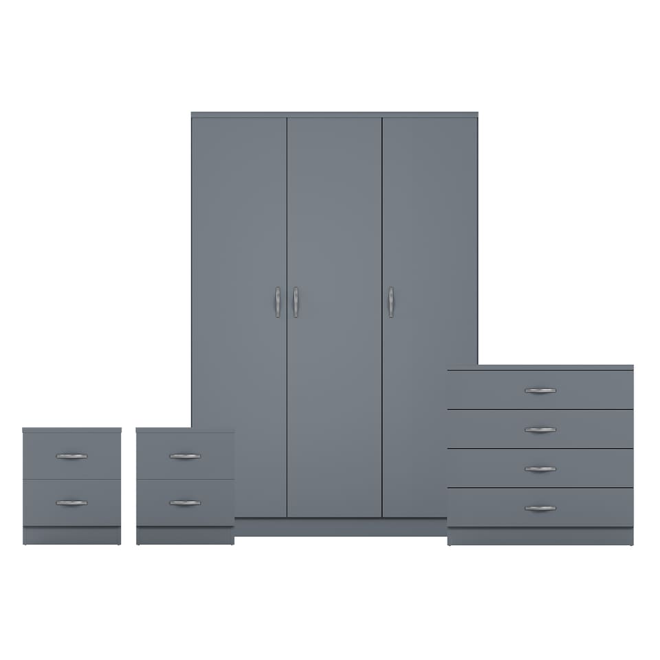image 1 of Vida Designs Riano 4 Piece Bedroom Set (2 Drawer Bedside Chest, 4 Drawer Chest, 3 Door Wardrobe), Grey (6)