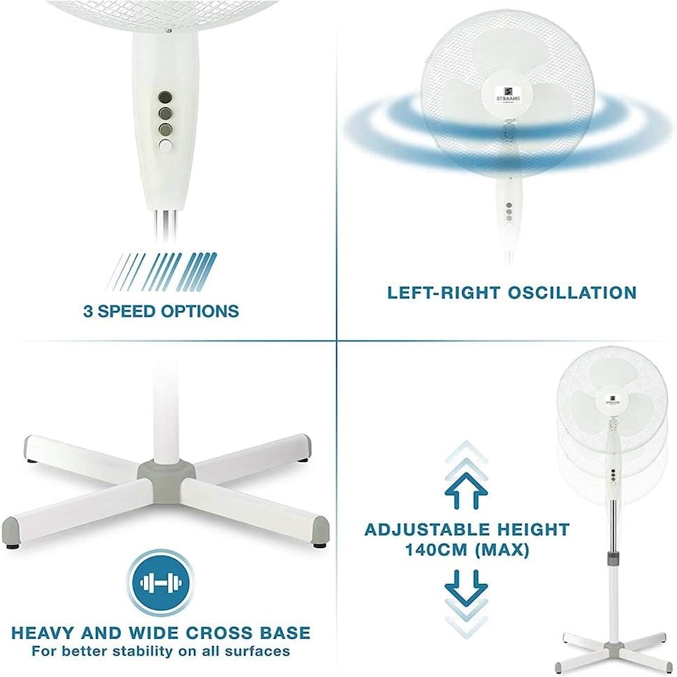 image 1 of Straame 16" Pedestal Fan, 140cm Height, 3 Speeds, Wide Base, White