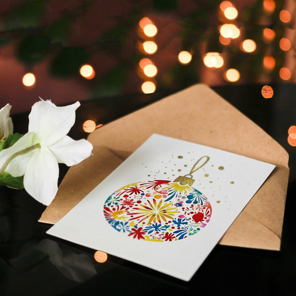 image 1 of Greeting Card Colourful Pattern Bauble Ornament Bright Bold Blank For Him Or Her Art Xmas Christmas Card