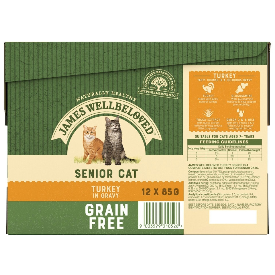 image 1 of James Wellbeloved Grain Free Senior Wet Cat Food Pouches Turkey in Gravy 48 x 85g