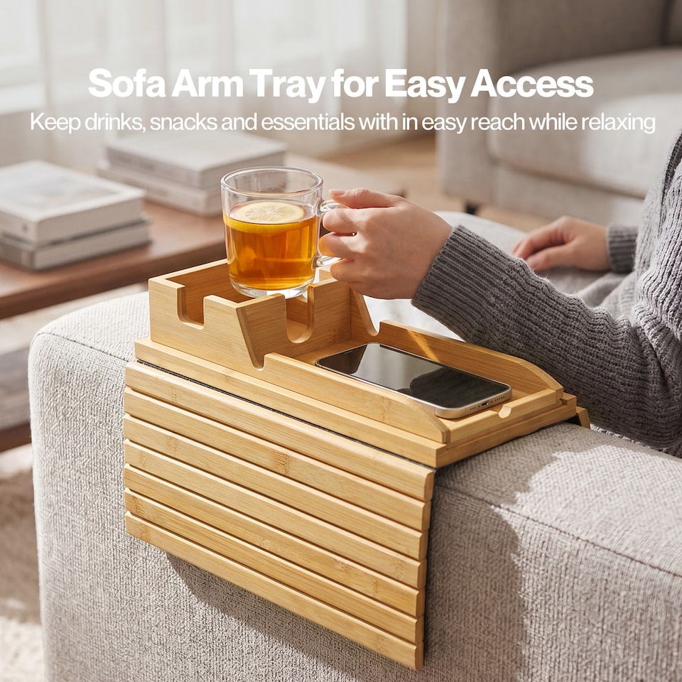 image 1 of Levede Sofa Arm Tray Table 2 in 1 Bamboo Couch Armrest Organiser Cup Mug Holder