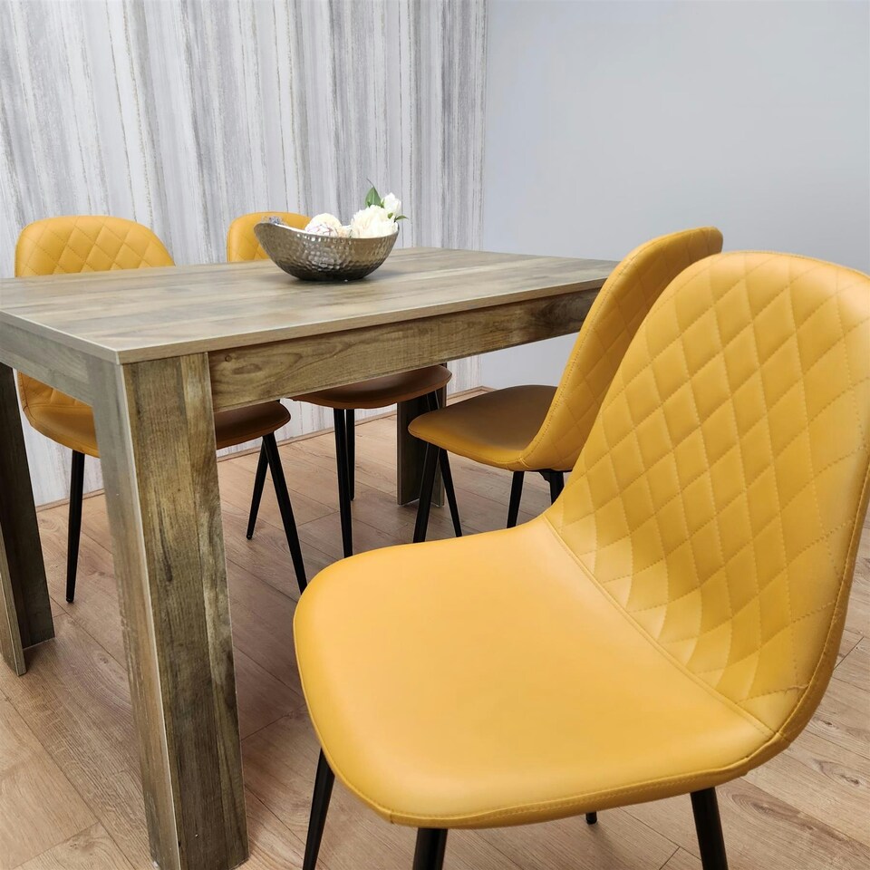 image 1 of Dining Table and 4 Chairs Rustic Effect Table with 4 Mustard Gem Patterned Chairs Brown