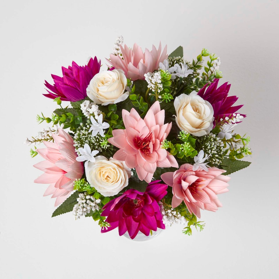 image 1 of Homescapes Rose & Lotus Flower Bouquet, Pink & Purple Set of 2