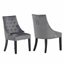 Set of 2 Dark Grey Windsor Velvet Dining Chair Ergonomic Scoop Knockerback & Button Tufted Wood Legs | Grey | Dark Grey