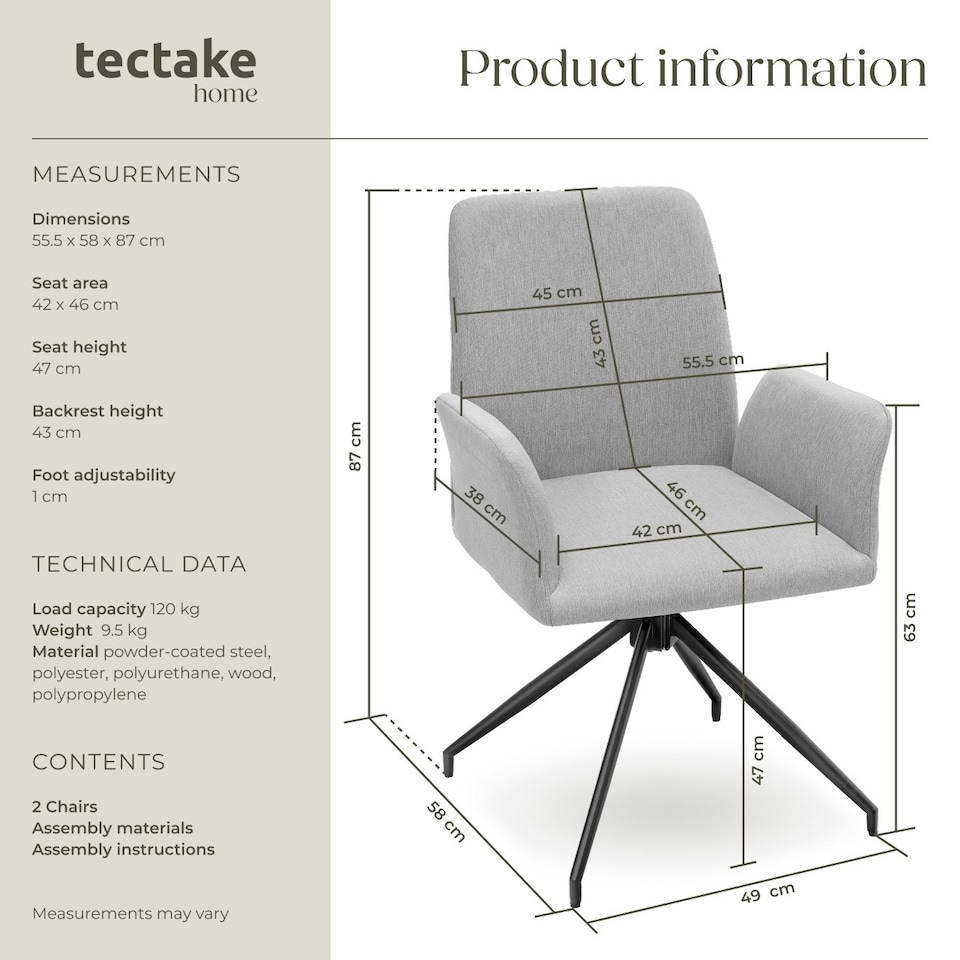 image 1 of Swivel Chair Daya - upholstered, robust fabric, 55.5 x 58 x 87 cm - Set of 2 Grey | Light Grey