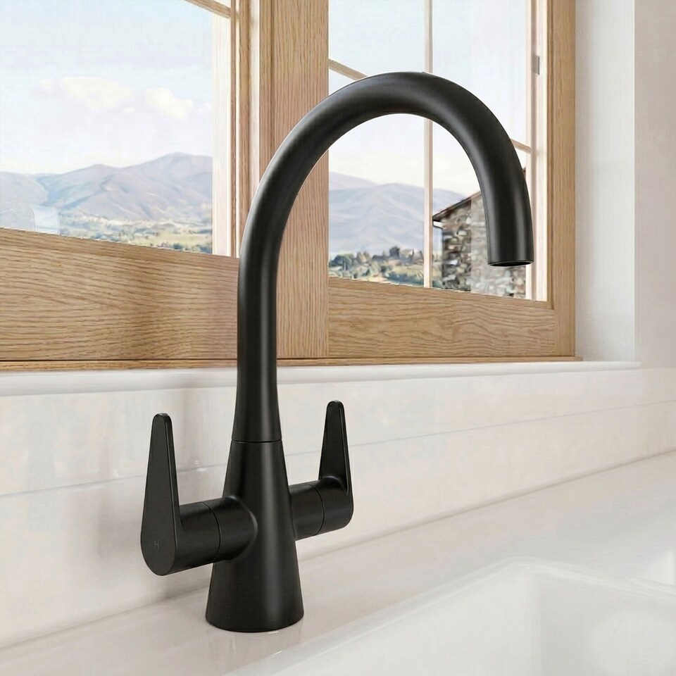 image 1 of Balterley Situla Kitchen Mono Mixer Tap with Dual Lever Handles, Curved Swivel Spout | Black | Matt Black | 1