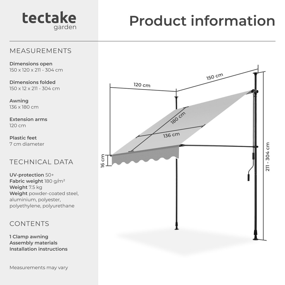image 1 of Awning with hand crank - pressure fitted , height adjustable | Grey | light grey | 150 x 180 cm | 1