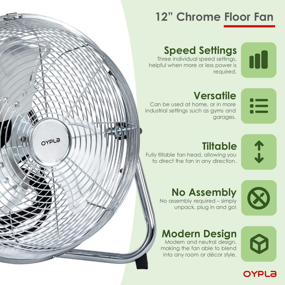 image 1 of Oypla Electrical 12" Inch Chrome 3 Speed Floor Standing Gym Fan Hydroponic