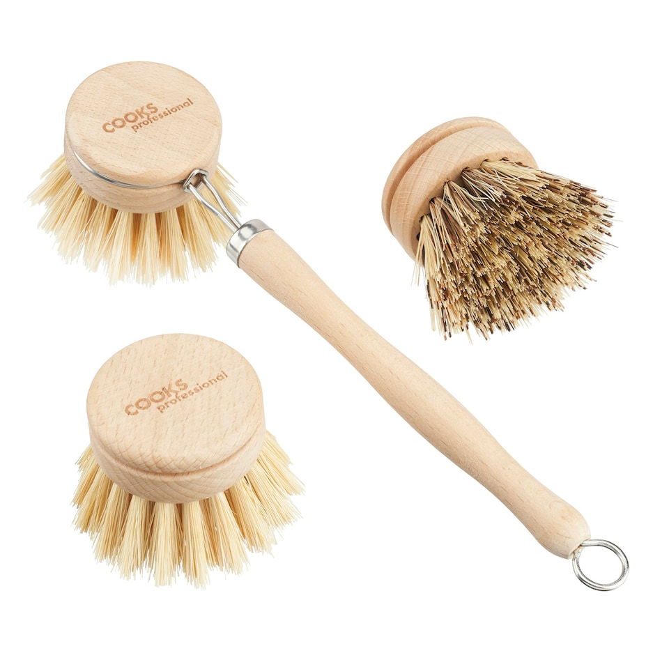image 1 of Cooks Professional Eco-Friendly Bamboo Dish Brush | Long Handle with 3 Replacement Heads | Natural Fibre Bristles | Plastic-Free