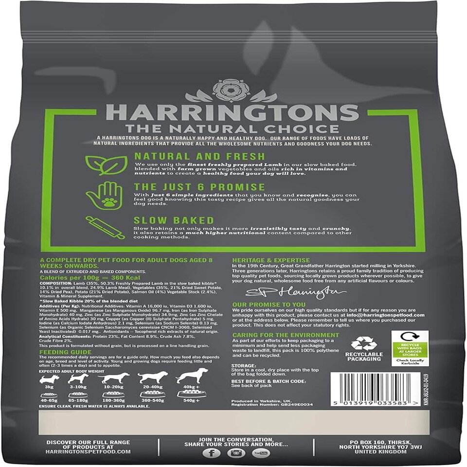 image 1 of Harringtons Just 6 Slow Baked Complete Grain Free Lamb and Pea Dry Dog Food, 2 kg, Pack of 4