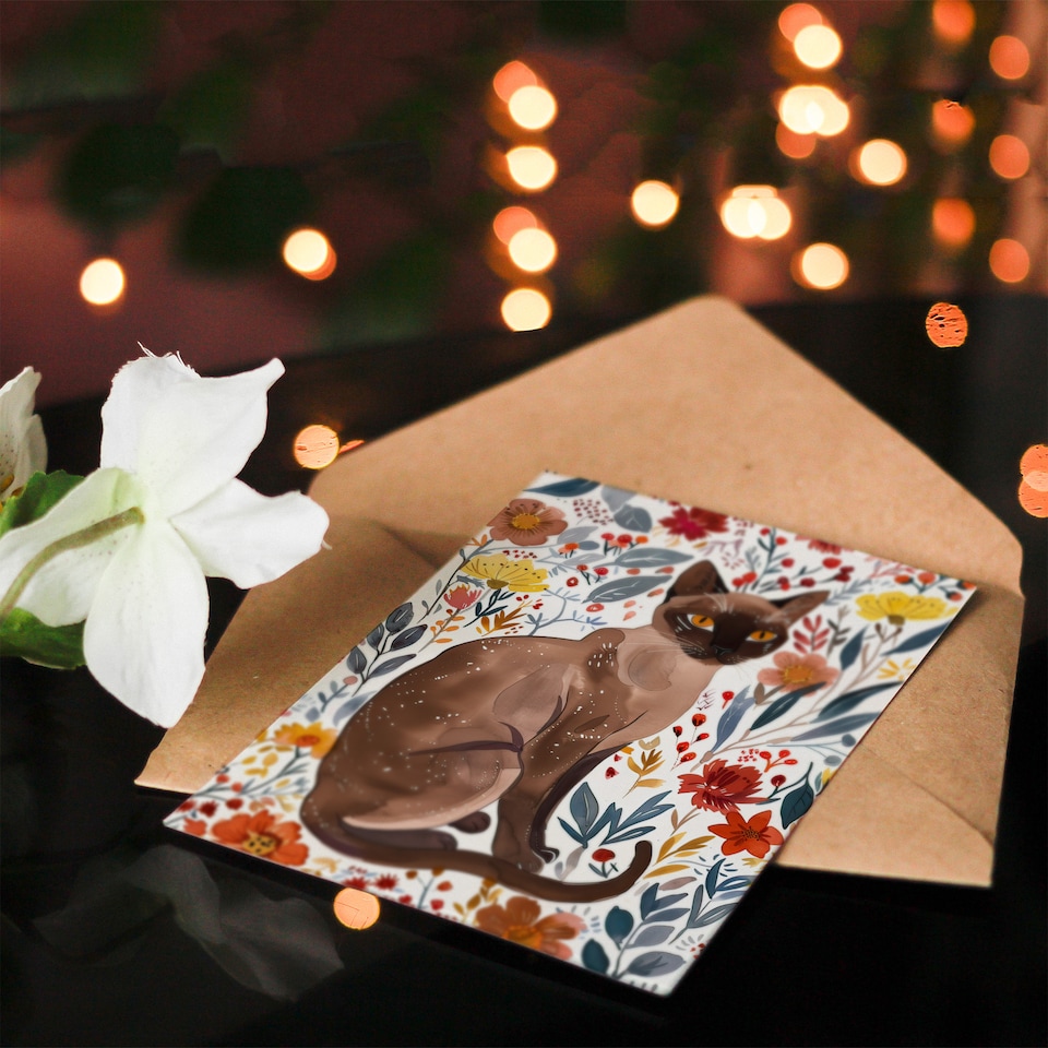image 1 of Greeting Card Burmese Cat Lover Watercolour Autumn Wildflowers