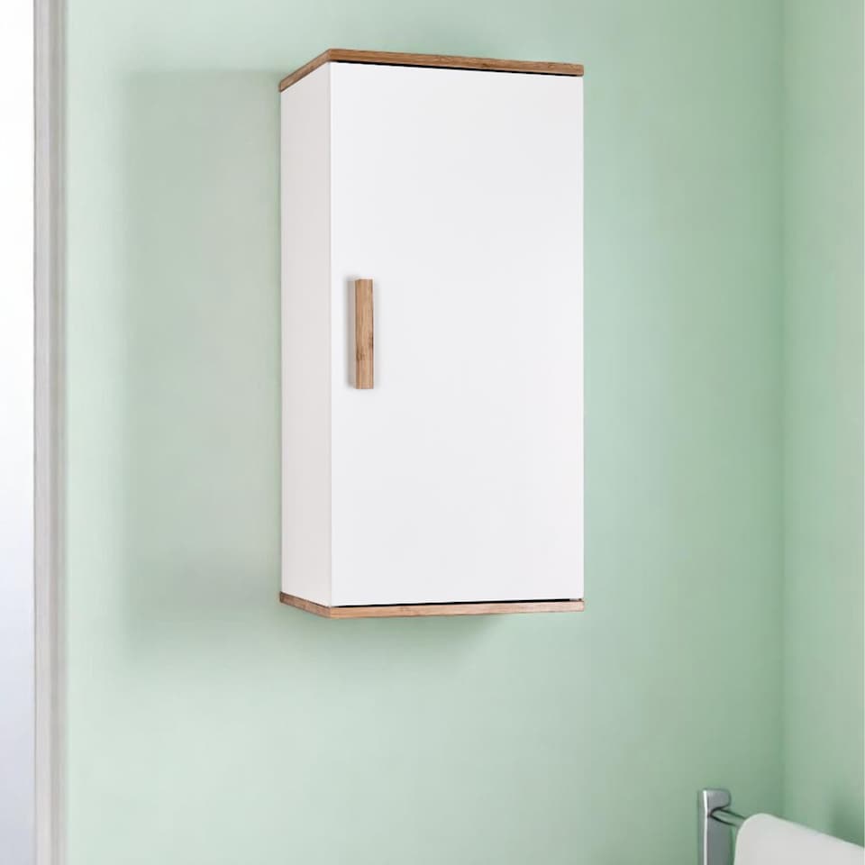 image 1 of Showerdrape Nola Matt White & Bamboo Single Wall Bathroom Cabinet | White | 1