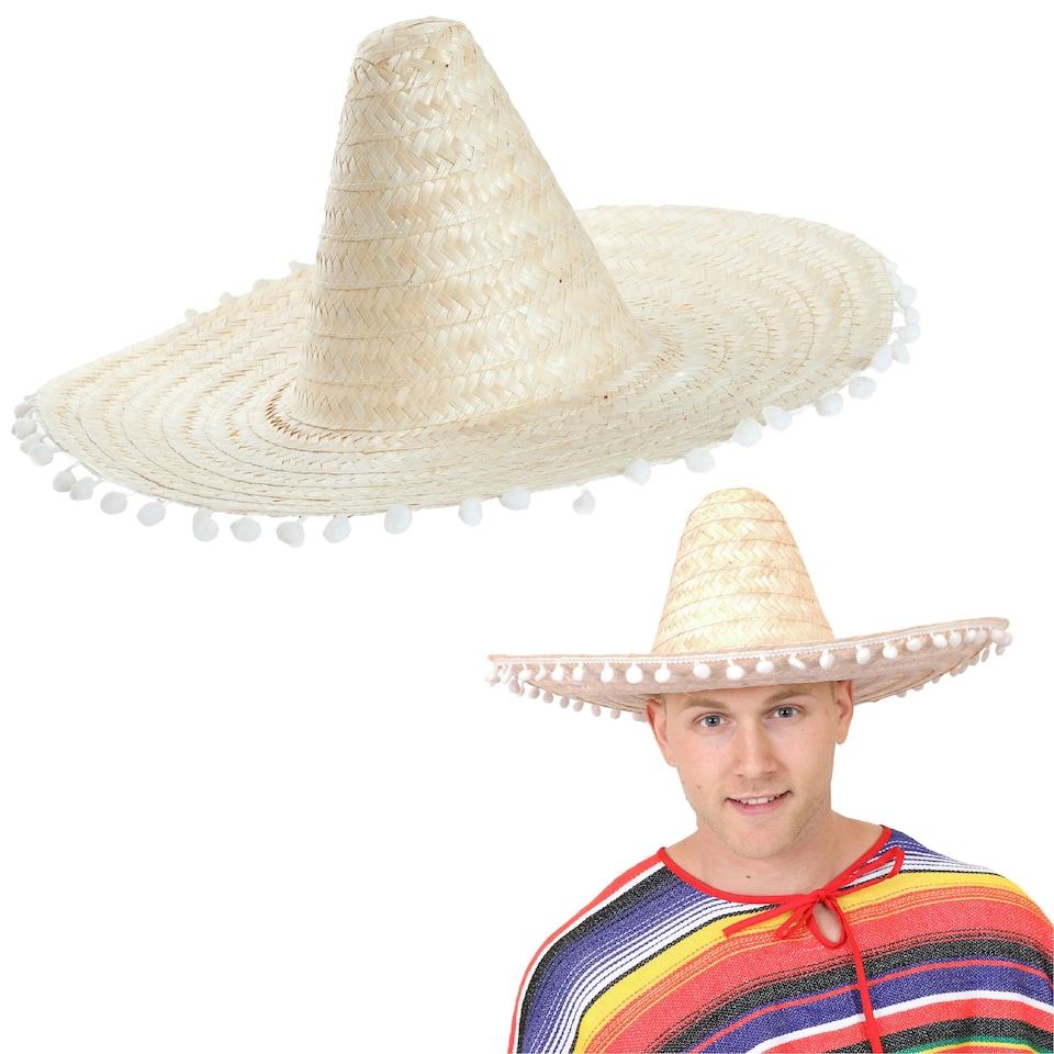 image 1 of Orange Mexican Sombrero – Fancy Dress Hat with Pom-Pom Trim N/A | 1