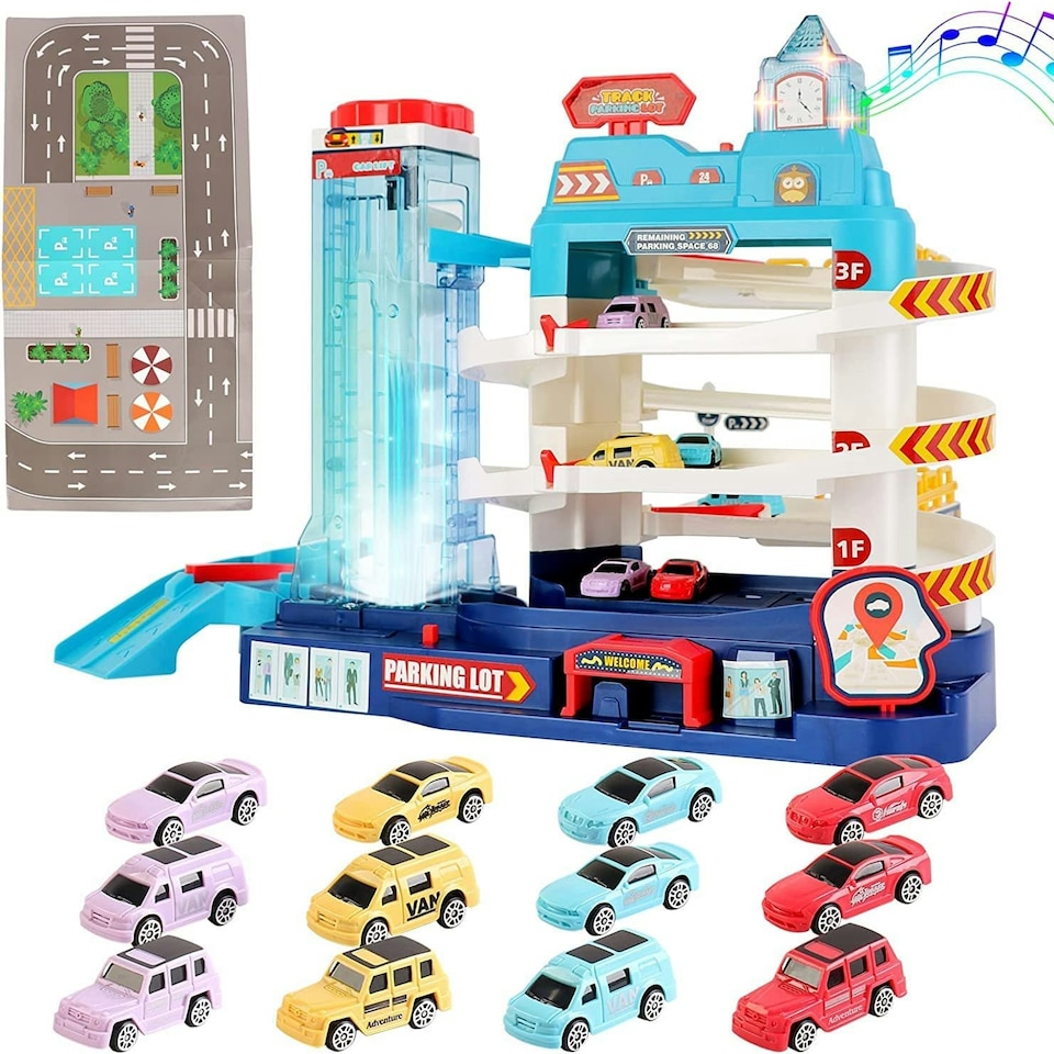 image 1 of 2-in-1 Garage Track Set with Elevator, 12 Mini Cars, Music & Lights – Kids Car Playset for Ages 3+