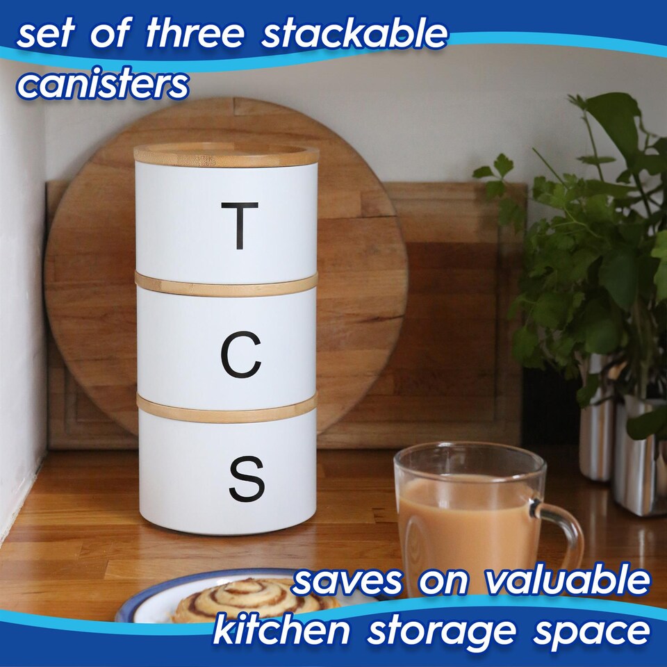 image 1 of Harbour Housewares 3pc Stacking Tea Coffee Sugar Canister Set with Bamboo Lids - Monochrome