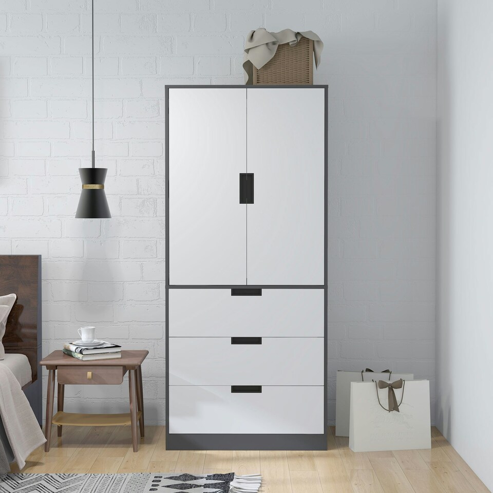 image 1 of HOMCOM 2 Door Wardrobe Modern Wardrobe with 3 Drawer and Hanging Rod, Grey