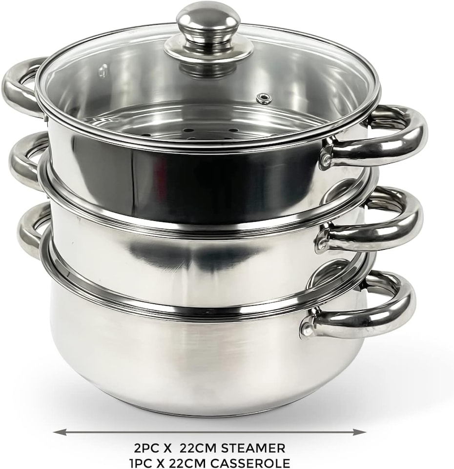 image 1 of 3 Tier Stainless Steel 22cm Steamer Pot Pan Cooker Set Glass Lid Cook Food Uk
